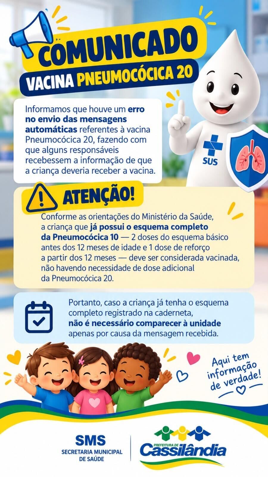Imagem ilustrativa da matéria Mensagens sobre a Pneumo 20 geram dúvidas em famílias de Cassilândia