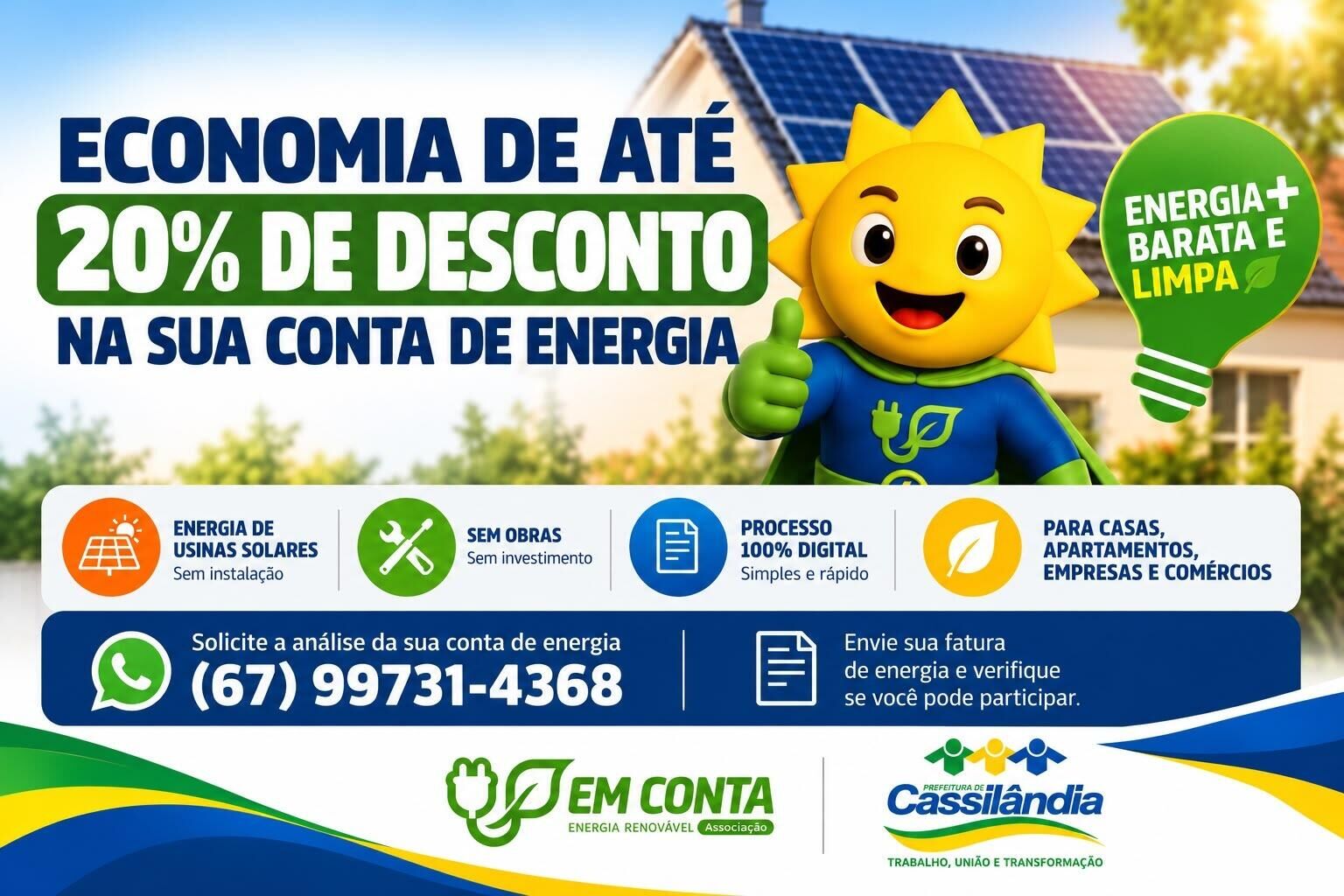Imagem ilustrativa da matéria Moradores de Cassilândia ainda podem solicitar desconto de até 20% na conta de luz