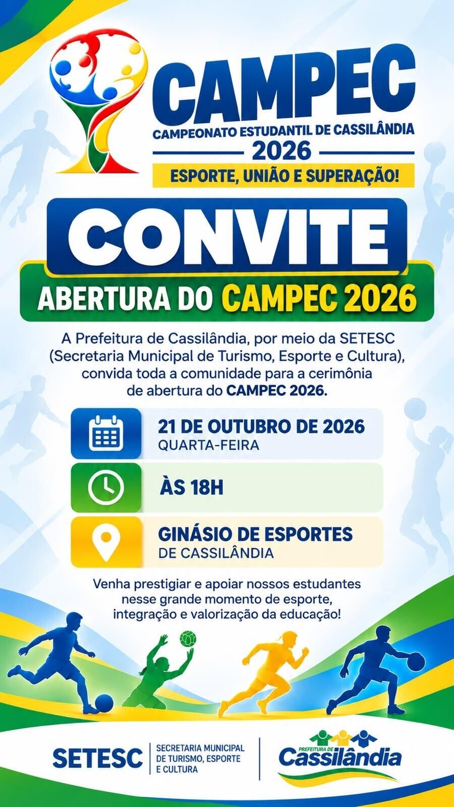 Ilustração da notícia CAMPEC 2026 começa nesta quarta-feira em Cassilândia com programação esportiva estudantil da MS Todo dia