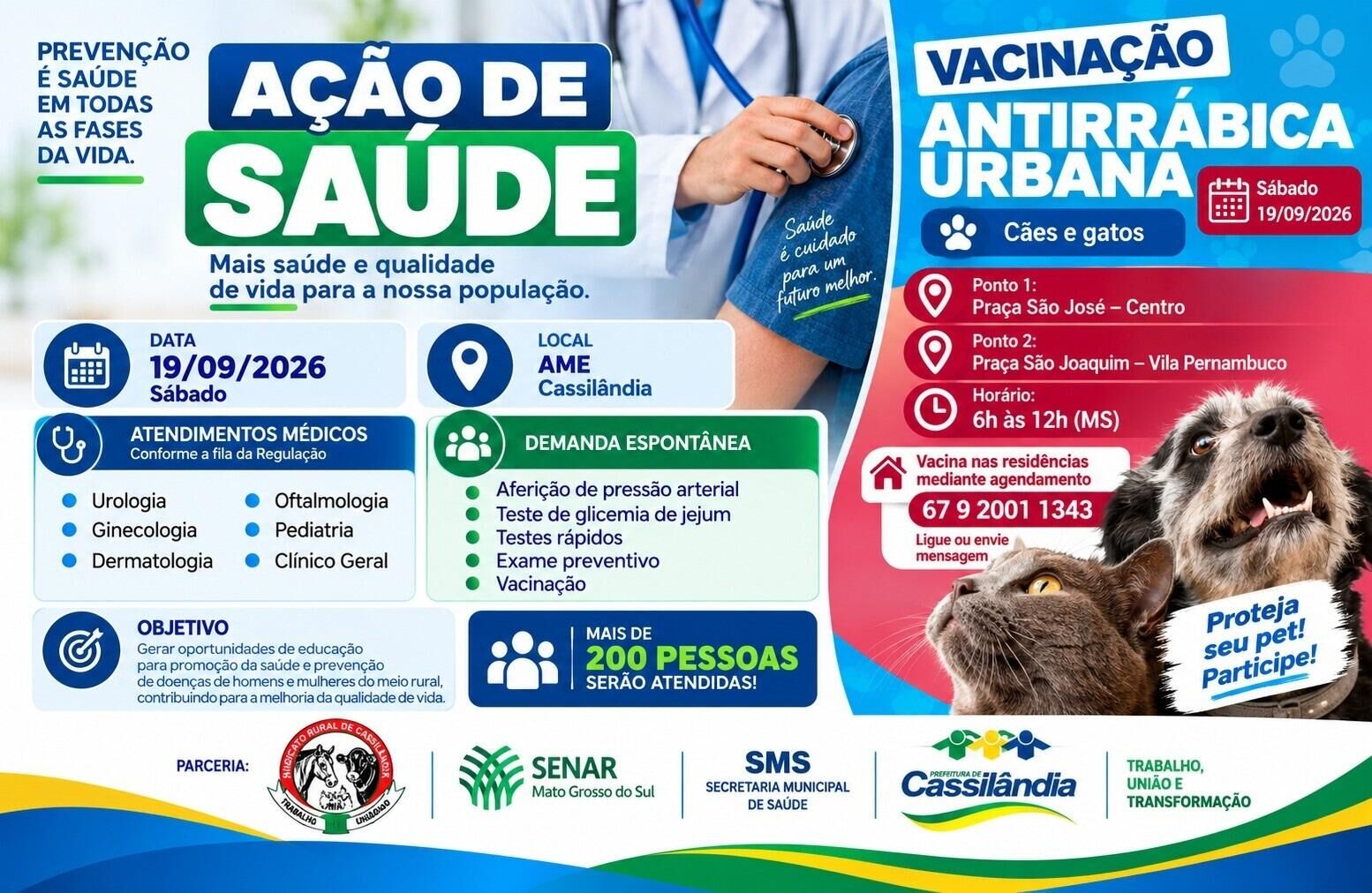Ilustração da notícia Hoje: Cassilândia terá mais de 200 atendimentos médicos e vacinação de cães e gatos neste sábado da MS Todo dia