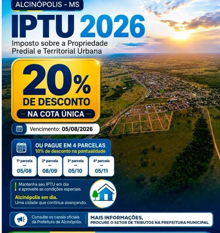 Ilustração da notícia Primeira parcela do IPTU 2026 vence nesta quarta-feira em Alcinópolis da MS Todo dia