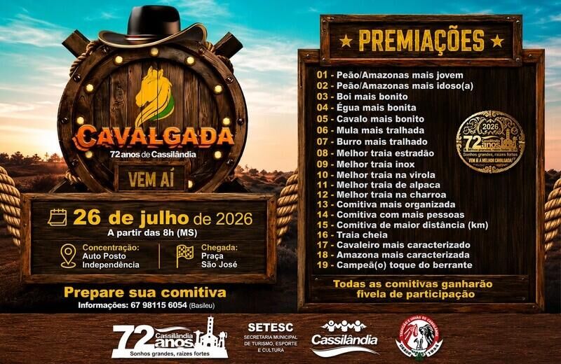 Ilustração da notícia Cavalgada dos 72 anos de Cassilândia promete reunir comitivas de toda a região no próximo domingo da MS Todo dia