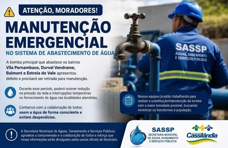 Imagem da notícia Atenção, Cassilândia! Manutenção em bomba pode afetar abastecimento de água em quatro bairros