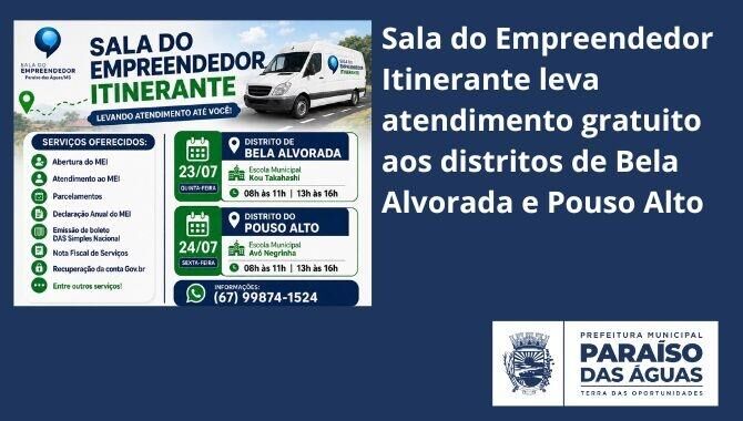 Ilustração da notícia Sala do Empreendedor Itinerante leva atendimento gratuito na próxima semana aos distritos de Paraíso das Águas