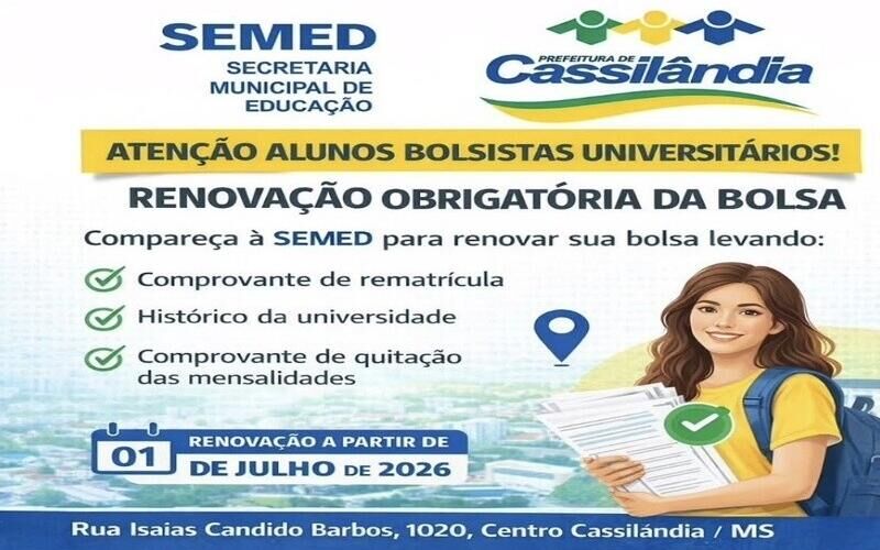 Ilustração da notícia Prefeitura abre período de renovação da Bolsa Universitária em Cassilândia da MS Todo dia