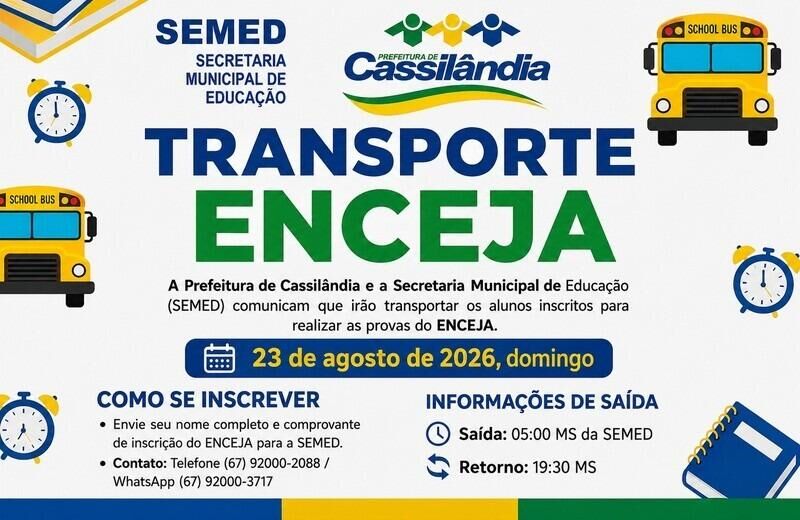 Imagem da notícia Cassilândia oferece transporte gratuito para alunos do Encceja; confira