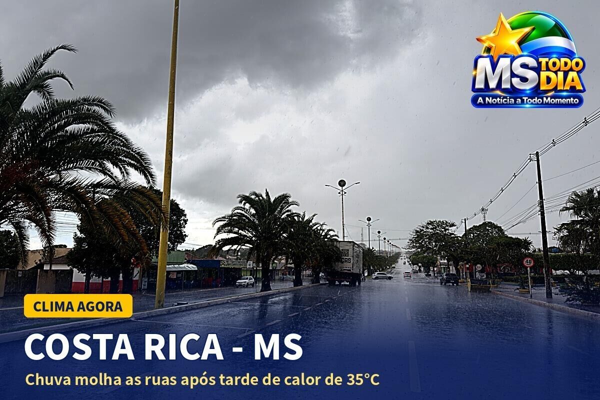Imagem da notícia Chuva chega a Costa Rica após tarde de 35°C; Alcinópolis e Figueirão seguem acima dos 37°C