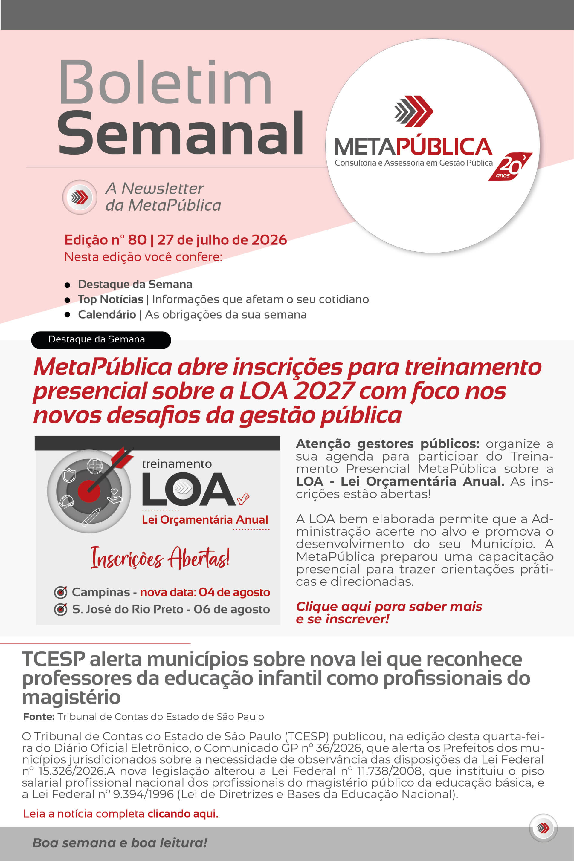 Imagem principal de BOLETIM SEMANAL Nº 80 - 27 DE JULHO DE 2026
