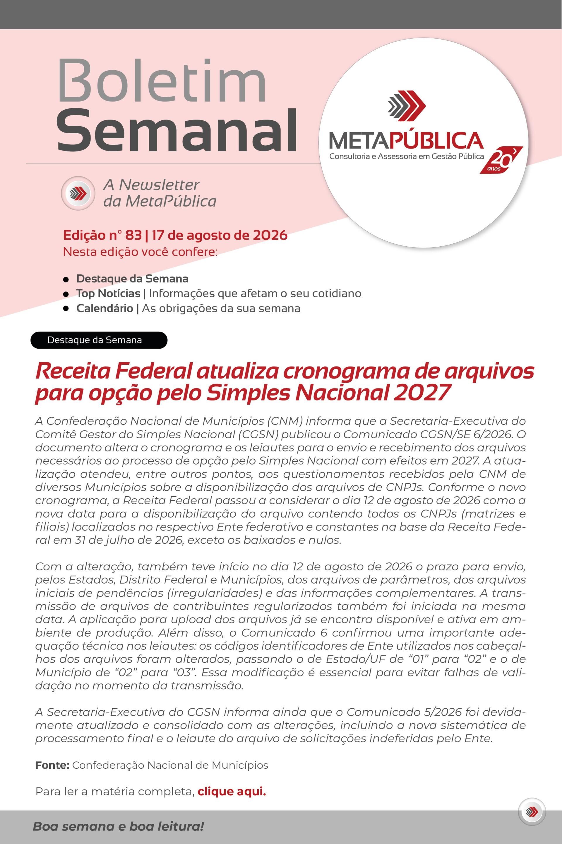 Imagem da notícia BOLETIM SEMANAL Nº 83 - 17 DE AGOSTO DE 2026