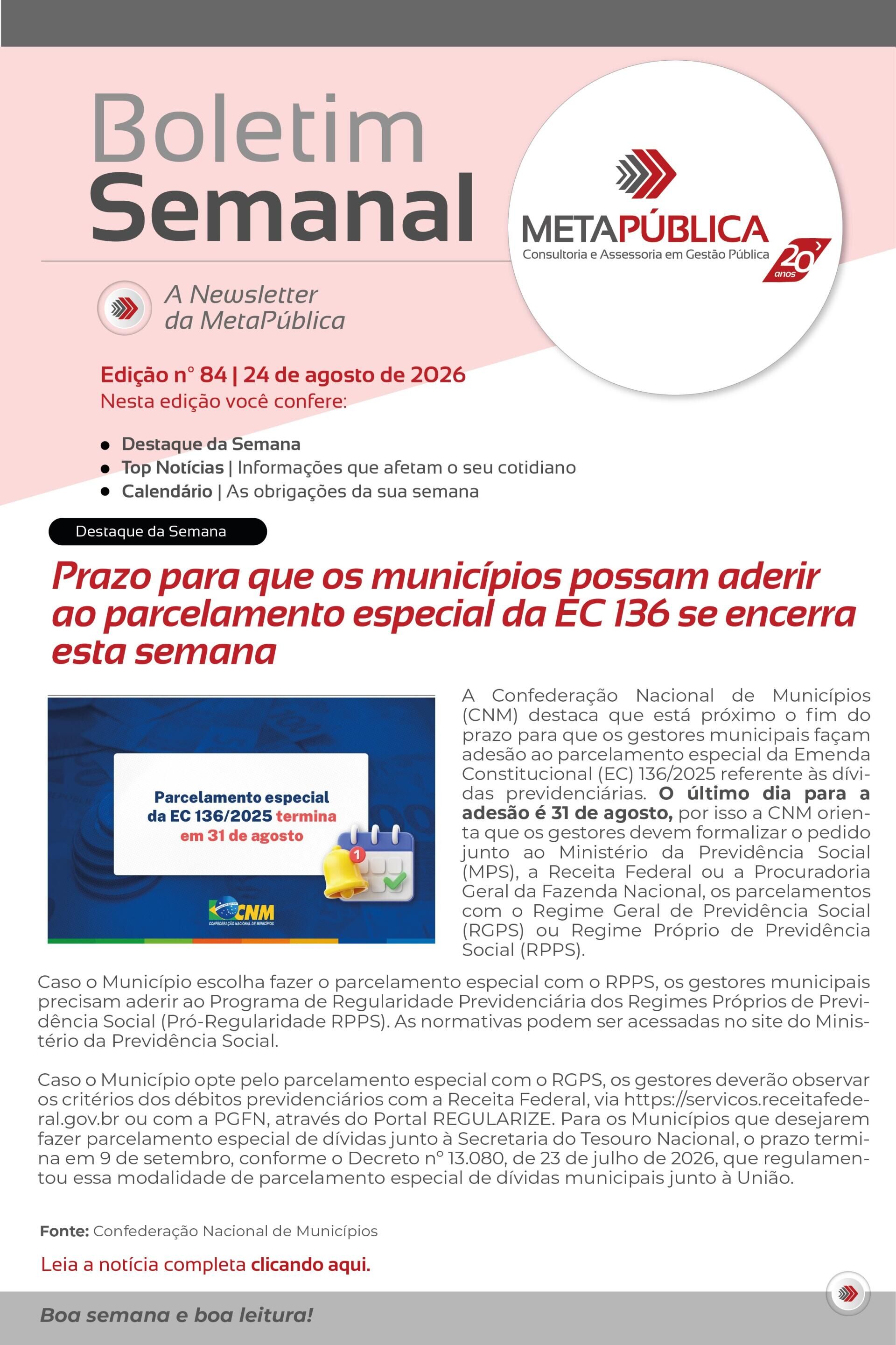 Imagem da notícia BOLETIM SEMANAL Nº 84 - 24 DE AGOSTO DE 2026