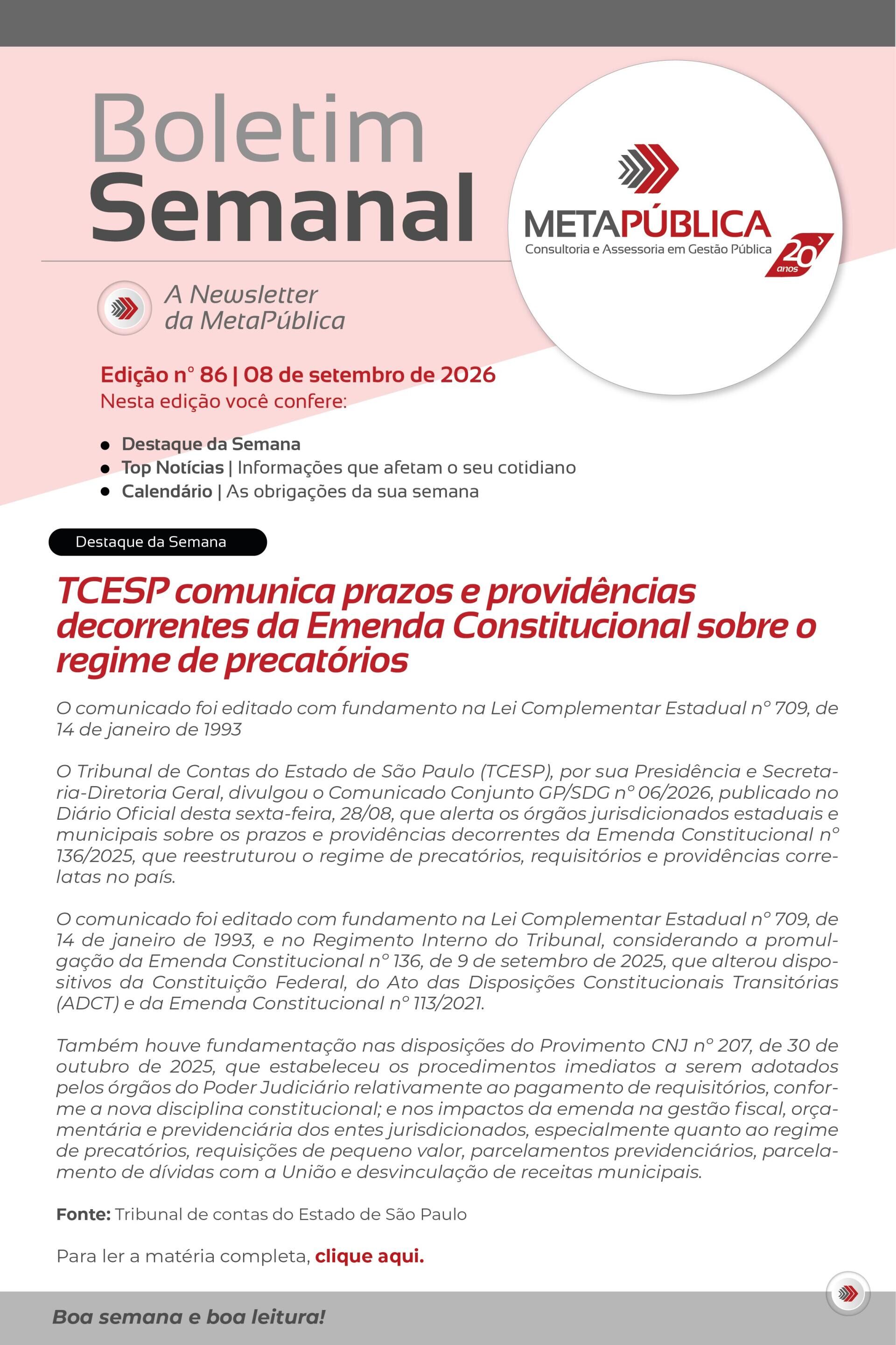 Imagem principal de BOLETIM SEMANAL Nº 86 - 08 DE SETEMBRO DE 2026