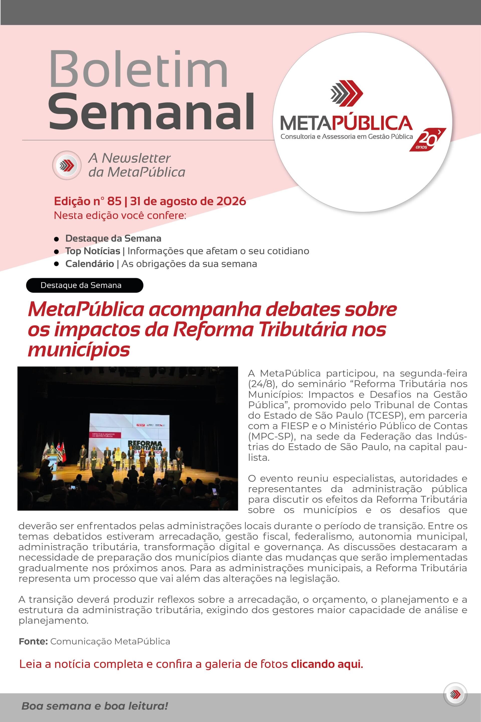Imagem principal de BOLETIM SEMANAL Nº 85 - 31 DE AGOSTO DE 2026
