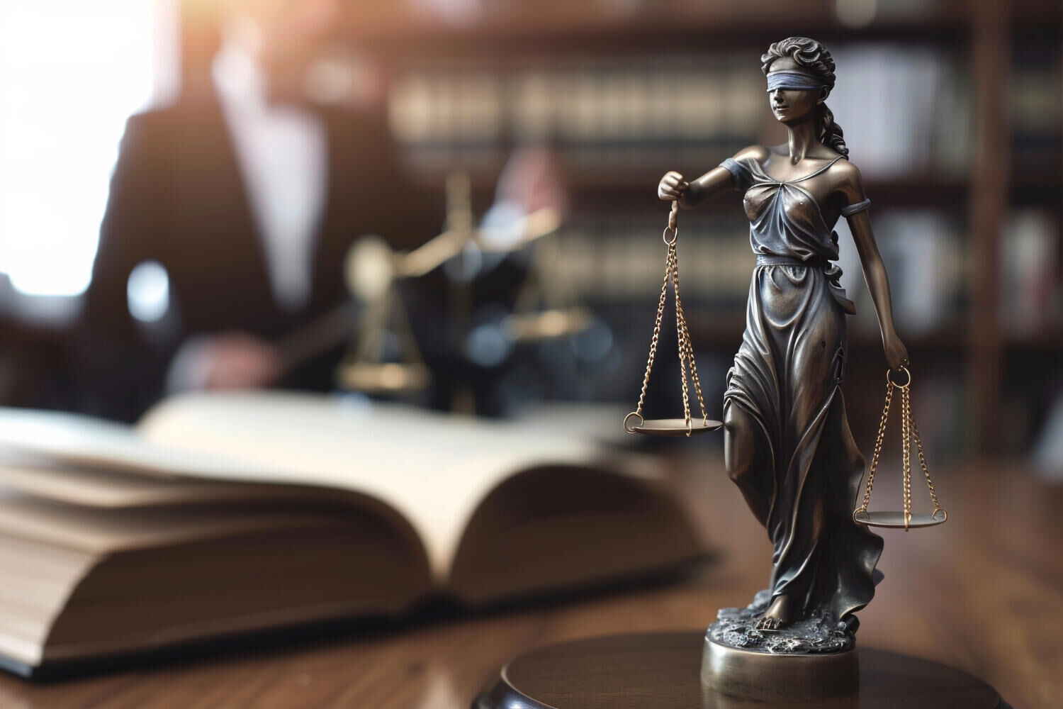 Estátua da justiça com balança sobre mesa e livro aberto