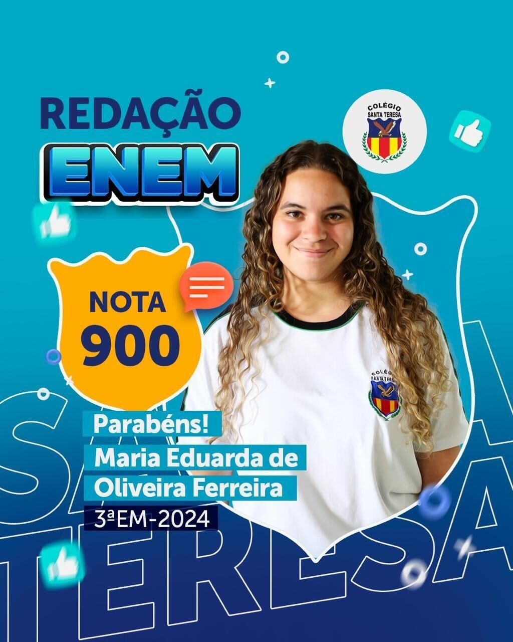 Arte de aluna do Colégio Santa Teresa com nota 900 na redação do ENEM 2024