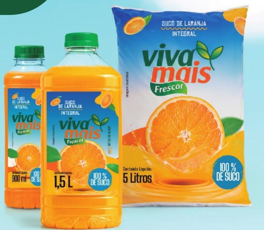Suco de laranja integral Viva Mais em garrafa de 300 ml, 1,5 L e bag de 5 L