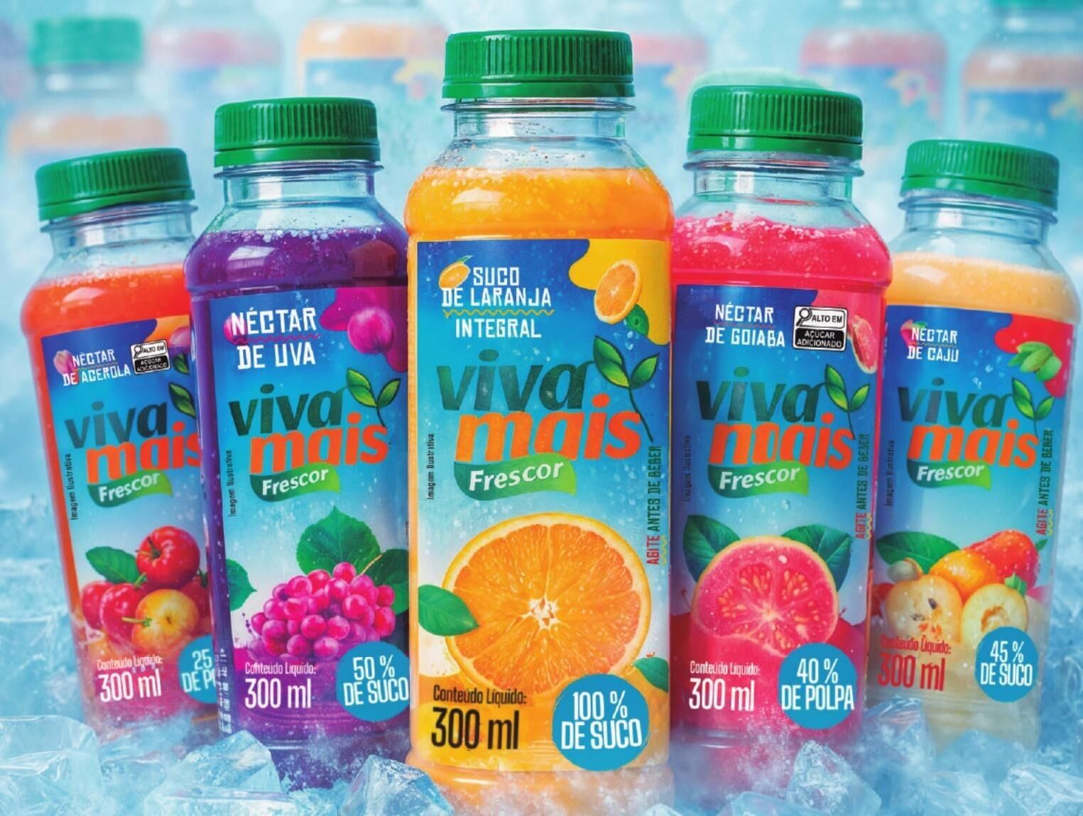 Garrafas Viva Mais Frescor de laranja, uva, acerola, goiaba e caju no gelo