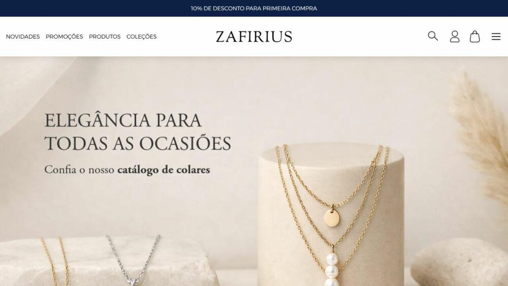 Página inicial da loja virtual Zafirius, projeto da Eco Webdesign