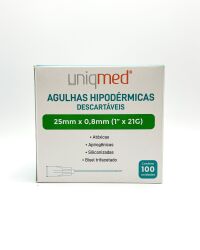 Imagem de Agulha Hipodérmica 25mm X 0,8mm 21G (1 Pol) Uniqmed - Caixa Com 100 Unidades