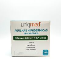 Imagem de Agulha Hipodérmica 30mm X 0,8mm 21G (1-1/4 Pol) Uniqmed - Caixa Com 100 Unidades