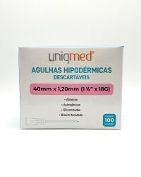 Imagem de Agulha Hipodérmica 40mm X 1,20mm 18G (1-1/2 Pol) Uniqmed - Caixa Com 100 Unidades