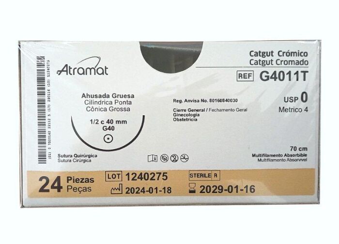 Imagem de G4011T | Fio Sutura Catgut Cromado 0 AG Cilíndrica 1/2 círculo 40 mm