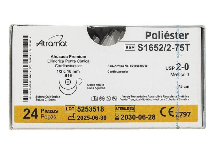 Imagem de S1652/2-75T | Fio Sutura de Poliéster 2-0 2 x AG Cilíndrica 1/2 Circ. 16 mm