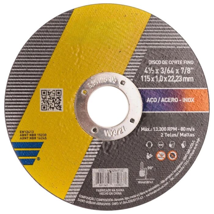 Imagem de DISCO DE CORTE METAL 115MM X 1,0MM X 22,2MM (4.1/2 X 3/64 X 7/8)