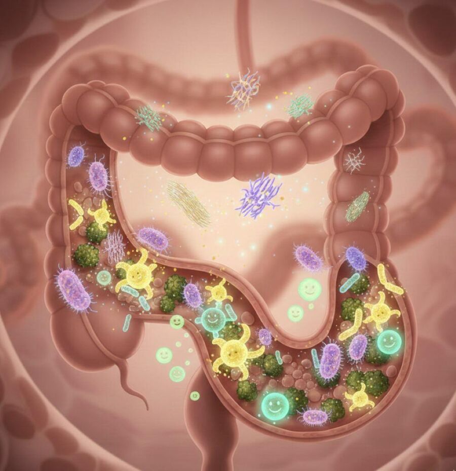 Image: When fiber reaches the intestine, it feeds the microbiota and initiates a chain of metabolic benefits.