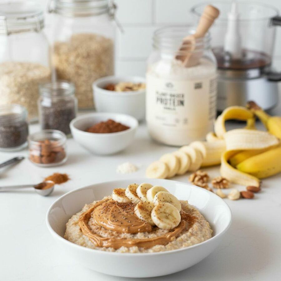 Image A: Plant-based protein comes out of the jar and finds its place in the routine with flavor and practicality.