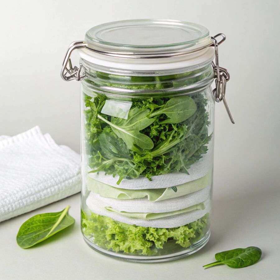 Imagem Guarde-folhas-verdes-em-um-pote-com-papel-toalha-seco-para-absorver-umidade-e-manter-a-crocância