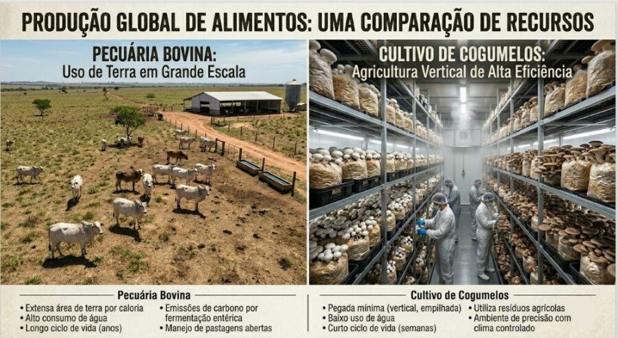 Image: While livestock farming consumes resources and emits gases, mushrooms require fewer resources to grow.
