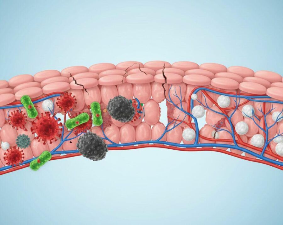 Image: When the barrier loses efficiency, food fragments and toxins can cross over and stimulate inflammation.