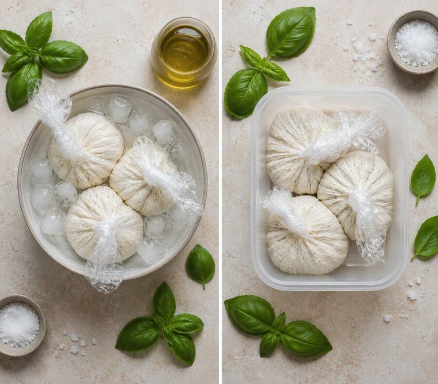 Imagem O-banho-de-gelo-interrompe-o-cozimento-e-ajuda-a-criar-a-estrutura-suave-desta-burrata-vegana-artesanal