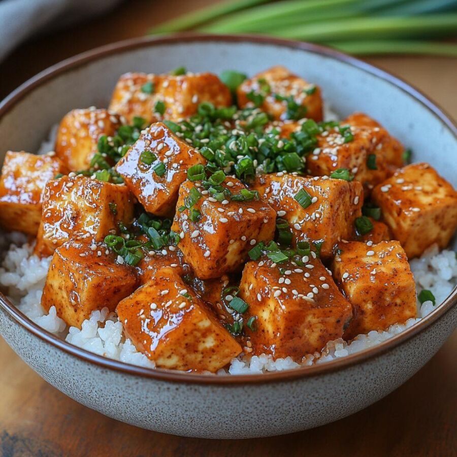Image: Cubes of baked tofu covered in a creamy sweet and sour tahini-based sauce.