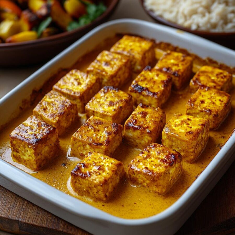 Image: Oven-baked golden tofu wrapped in a simple, vibrant, and flavorful aromatic curry and mustard cream.