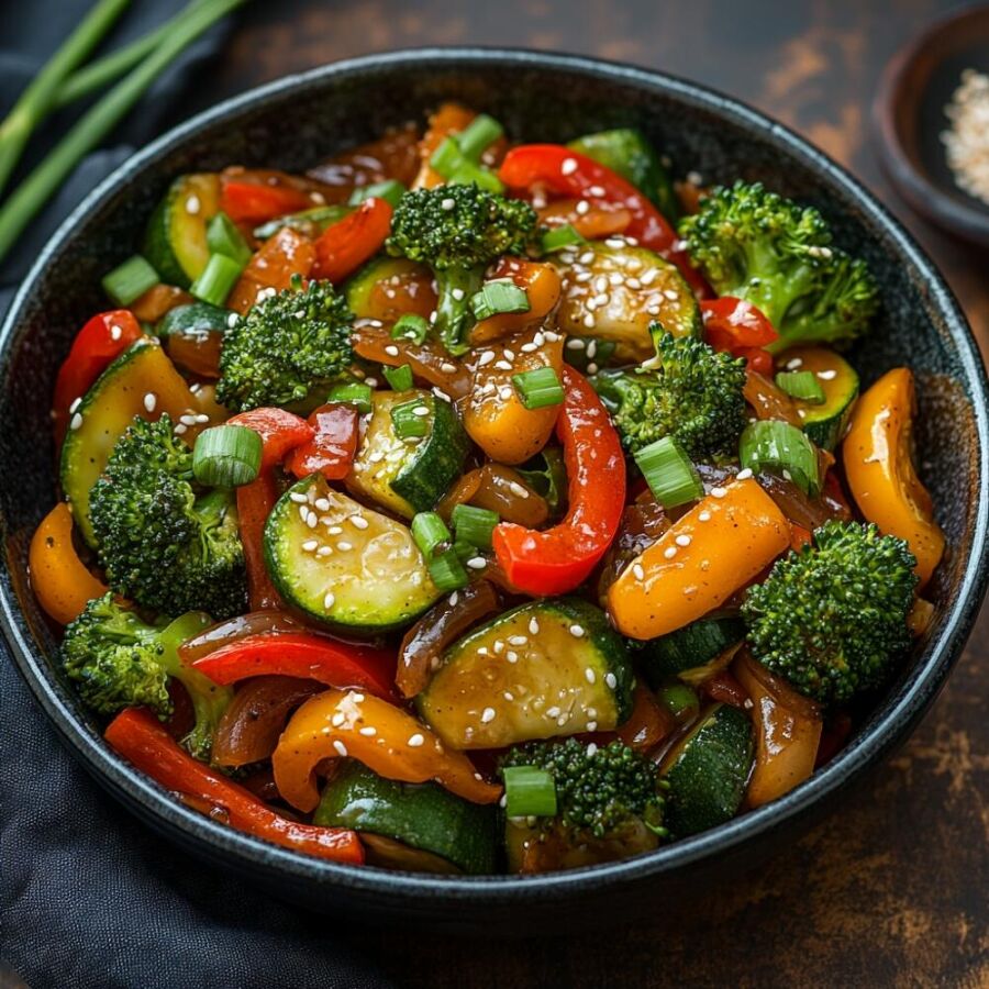 Image: Fresh ingredients stir-fried in a wok and coated in an oriental sauce full of umami.