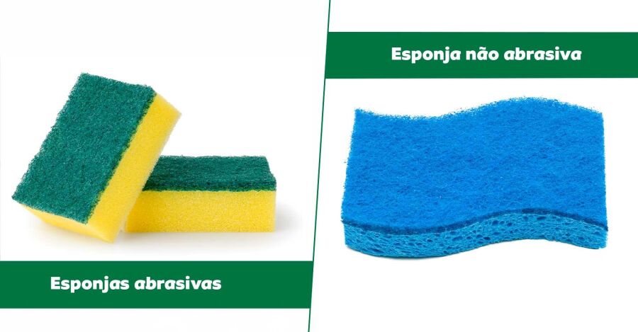 Esponjas abrasivas e esponja não abrasiva. Reprodução: Internet