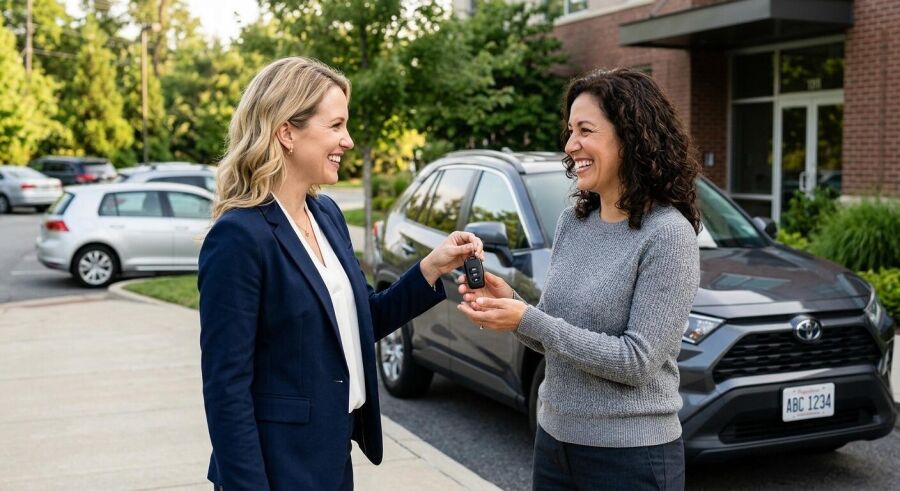 Duas mulheres sorrindo enquanto uma entrega a chave de um carro para a outra em frente a um veículo SUV cinza estacionado.
