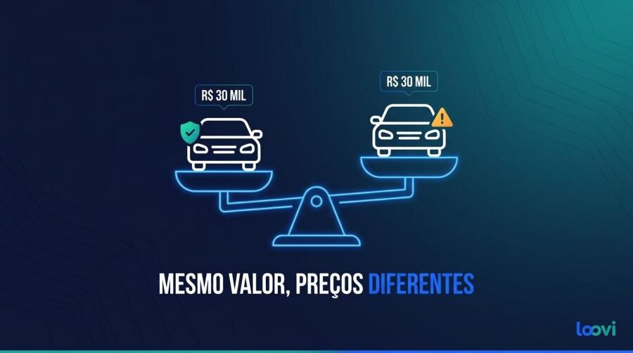 Balança comparando dois carros de R$ 30 mil com preços de seguro diferentes, ilustrando que o valor do veículo não é o único fator considerado.