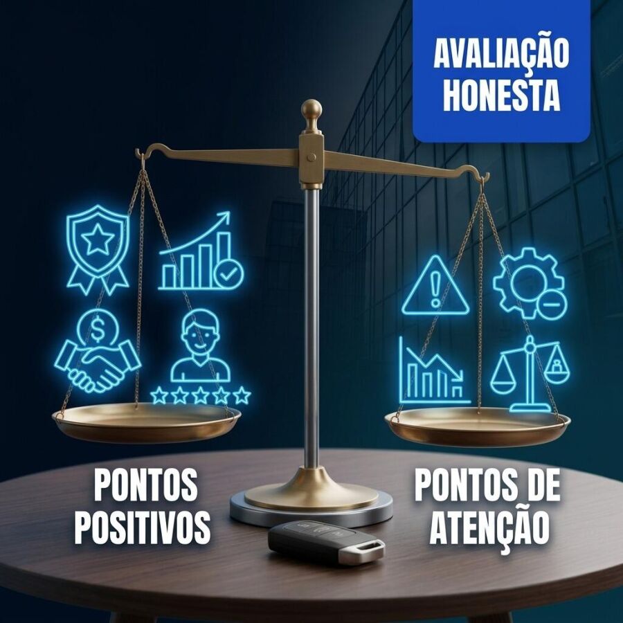 Balança equilibrada com ícones representando pontos positivos de um lado e pontos de atenção do outro lado, ilustrando uma avaliação honesta da Loovi.