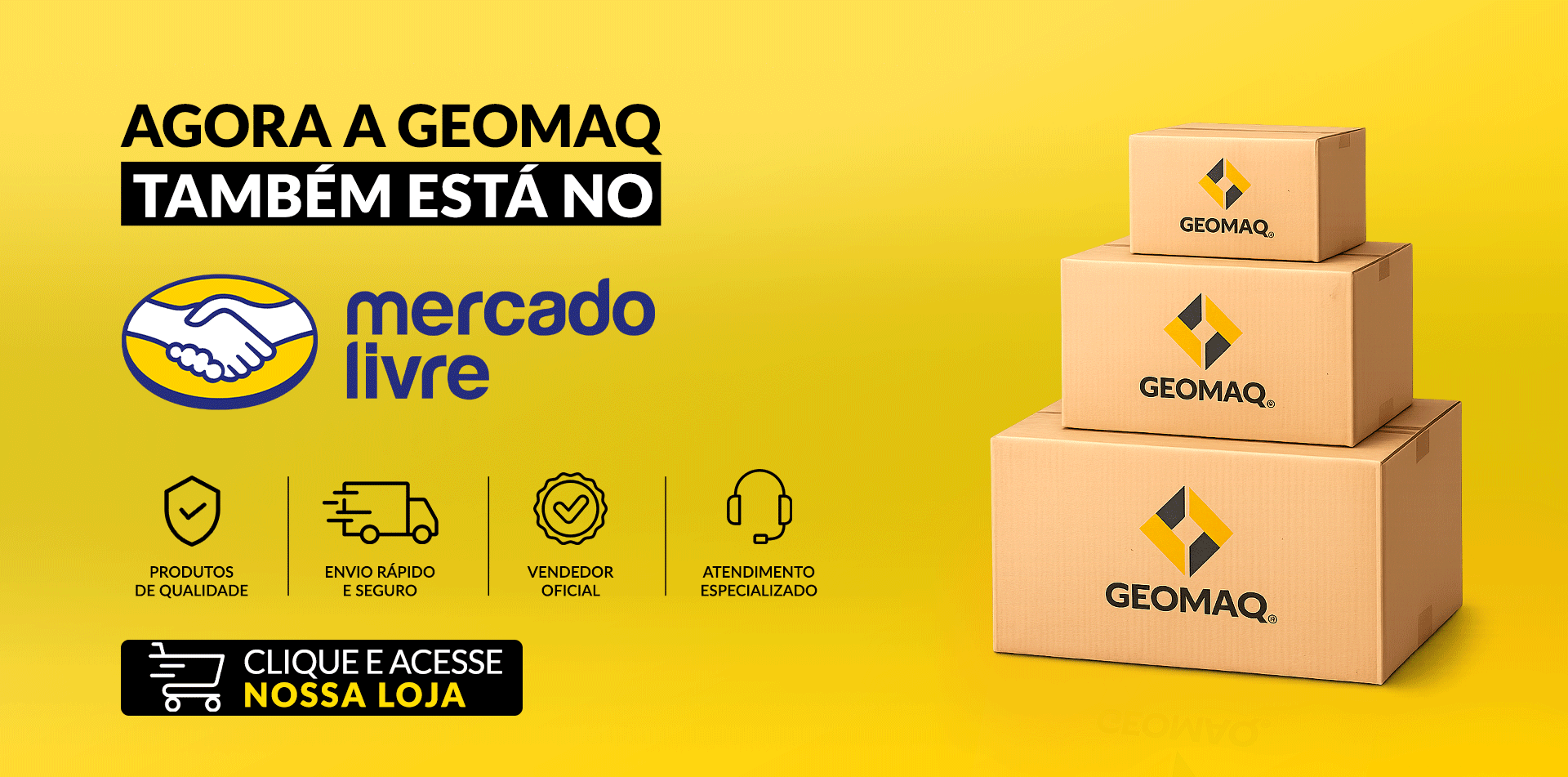 Banner da Loja Oficial Geomaq no Mercado Livre para compra de peças de reposição para máquinas agrícolas e de construção, com envio rápido, vendedor oficial e atendimento especializado.
