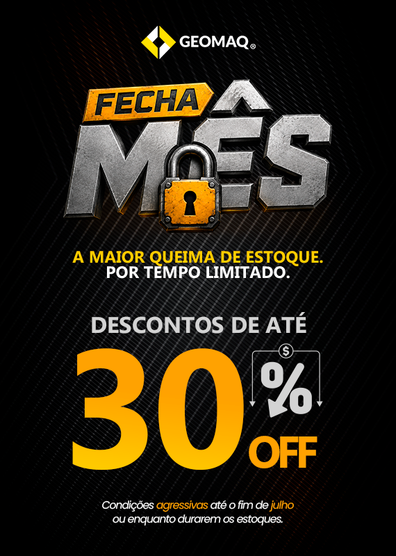 Banner da campanha Fecha Mês Geomaq destacando descontos de até 30% em peças de reposição para máquinas agrícolas e de construção por tempo limitado.