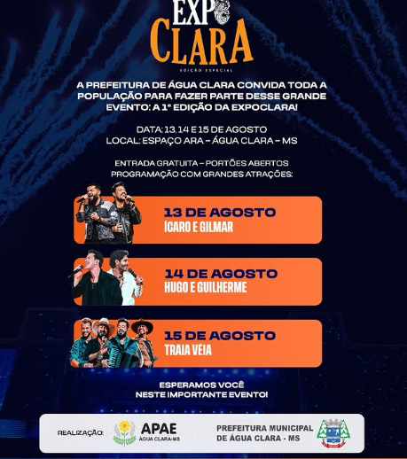 Imagem da notícia Água Clara realiza 1ª edição da Expoclara com três noites de shows gratuitos