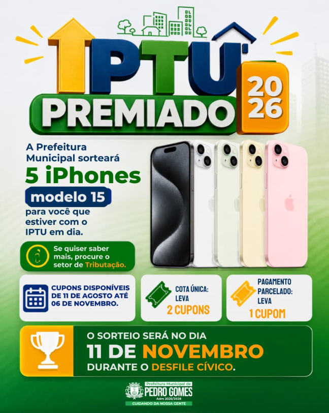Imagem da notícia Cinco iPhones 15 serão sorteados para contribuintes em dia com o IPTU em Pedro Gomes