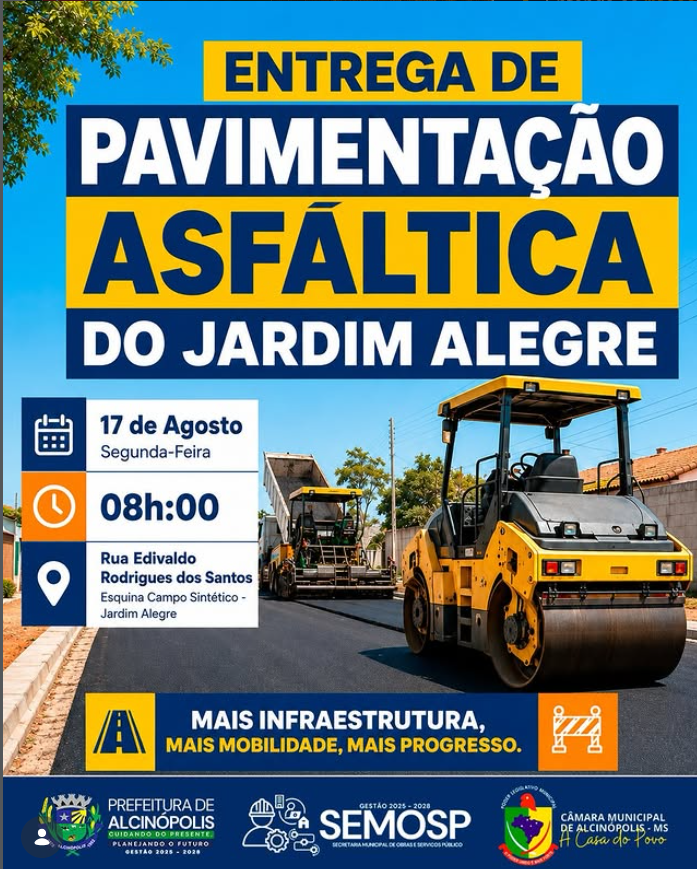 Ilustração da notícia Novo asfalto: Alcinópolis entrega pavimentação do Jardim Alegre na próxima segunda da MS Todo dia