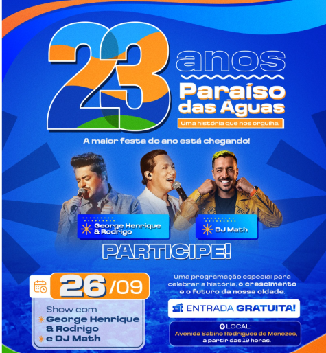Ilustração da notícia Paraíso das Águas completa 23 anos neste sábado; George Henrique & Rodrigo fará show gratuito da MS Todo dia