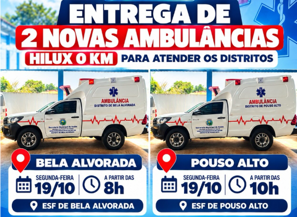 Ilustração da notícia Paraíso das Águas entrega duas ambulâncias para Bela Alvorada e Pouso Alto da MS Todo dia