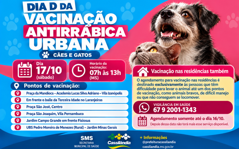 Ilustração da notícia Cassilândia terá Dia D de vacinação antirrábica neste sábado; veja os locais da MS Todo dia
