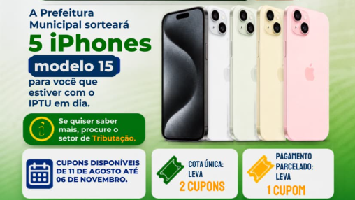 Imagem ilustrativa da matéria Prefeitura de Pedro Gomes entra em contagem regressiva para o sorteio de cinco iPhones pelo IPTU Premiado