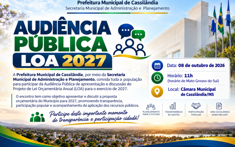 Ilustração da notícia Cassilândia realiza audiência pública para discutir a Lei Orçamentária Anual de 2027 da MS Todo dia